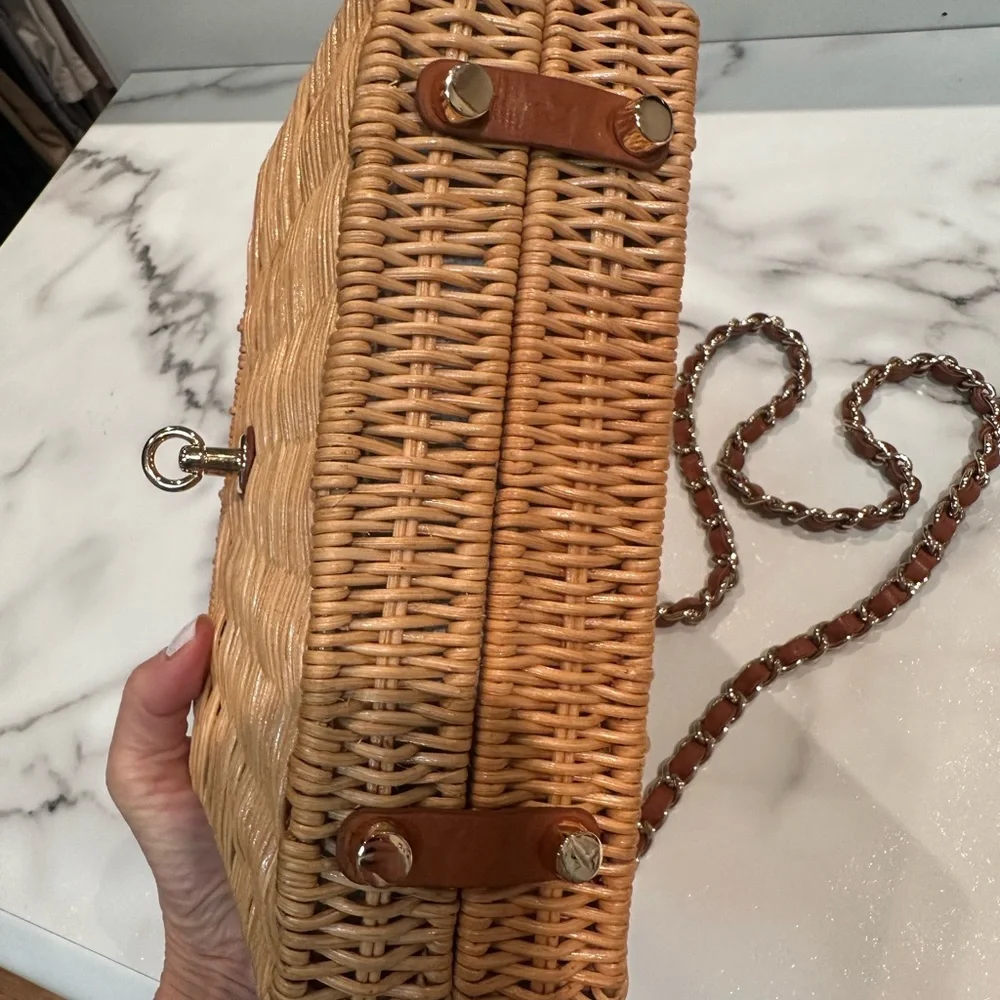 Woven Rattan Crossbody Bag with Brown Leather Trim - Picture 9 of 9